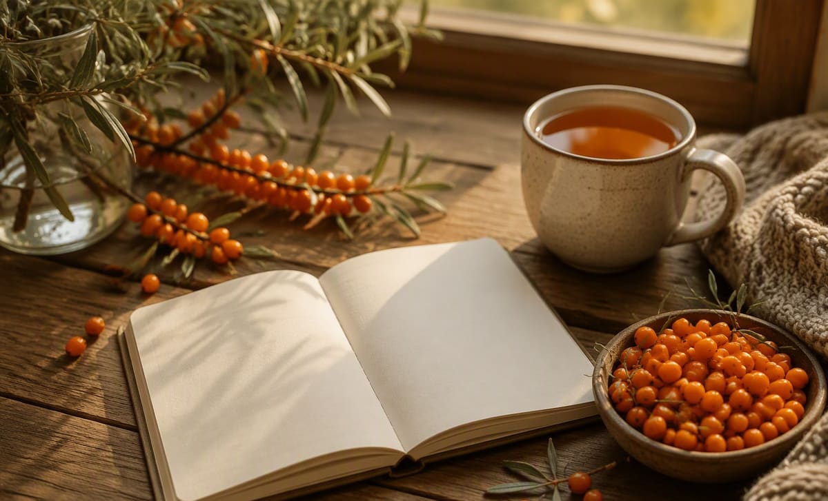 Sea buckthorn berries, an open notebook, and a cup of tea on a wooden desk