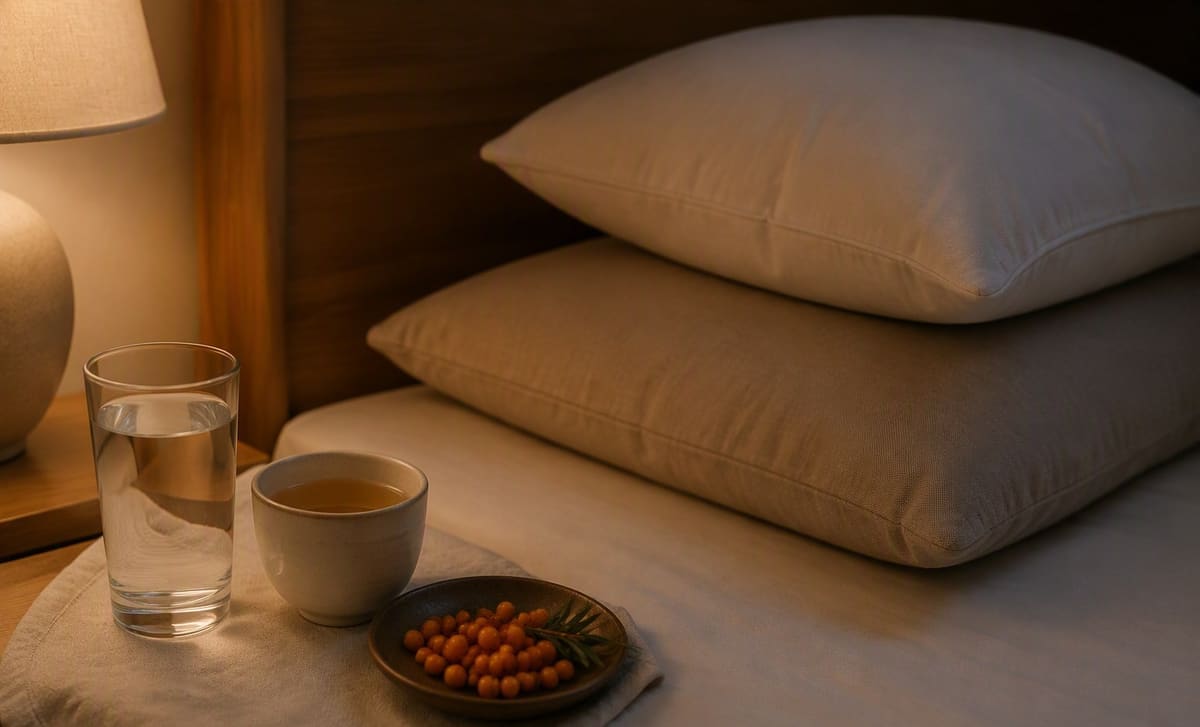 Water, mild tea, and a few sea buckthorn berries beside stacked pillows in evening light
