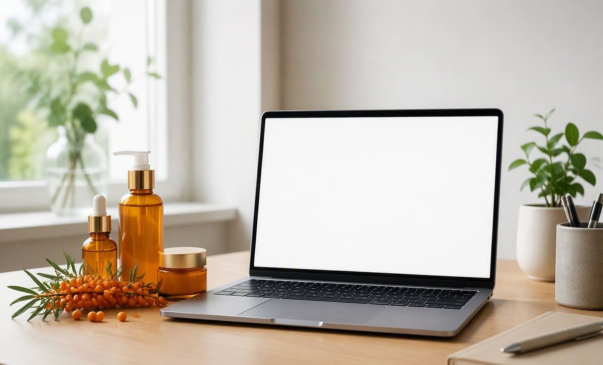 Unlabeled sea buckthorn bottles beside an open laptop with a blank screen