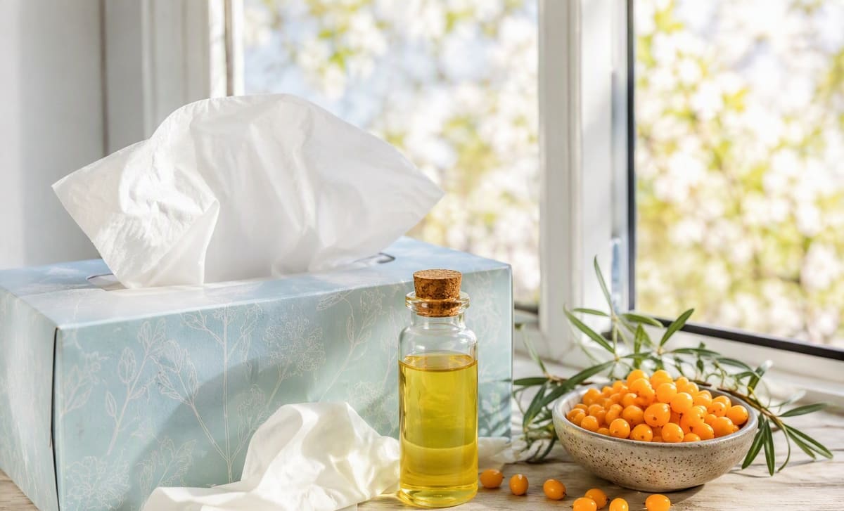 A box of tissues, a bottle of pale sea buckthorn seed oil, and berries near a bright open window