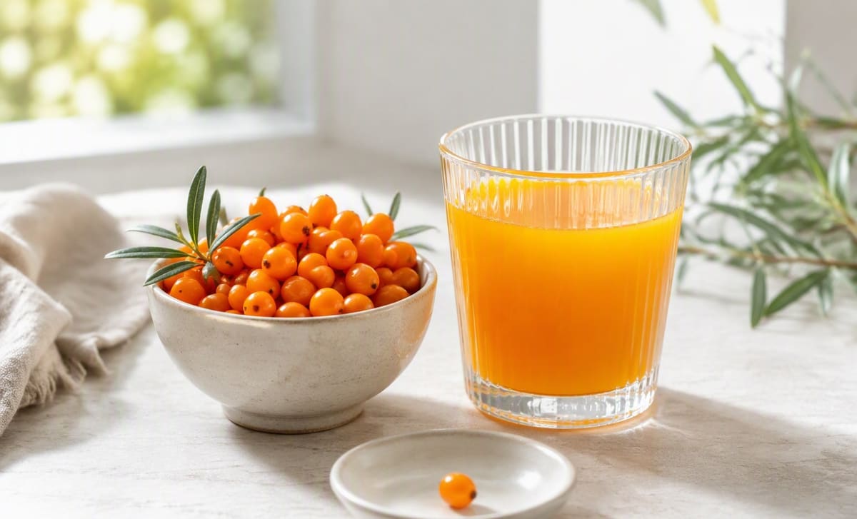A bowl of sea buckthorn berries and juice with one berry isolated on a saucer for a careful first taste