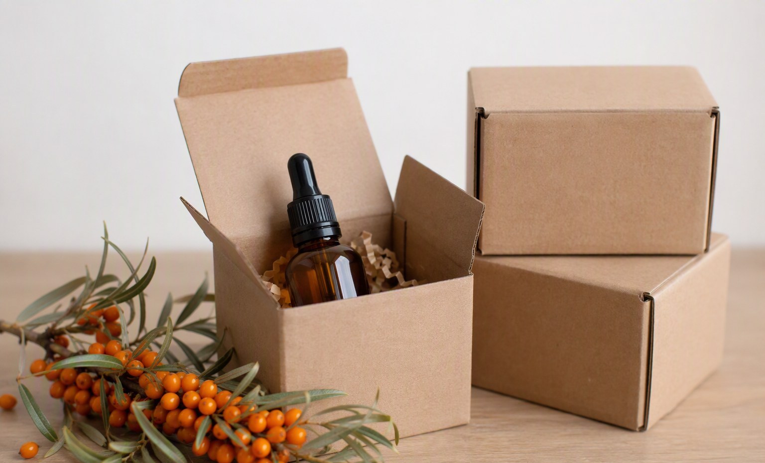 Three plain shipping boxes on a light table, one open to an amber sea buckthorn oil bottle