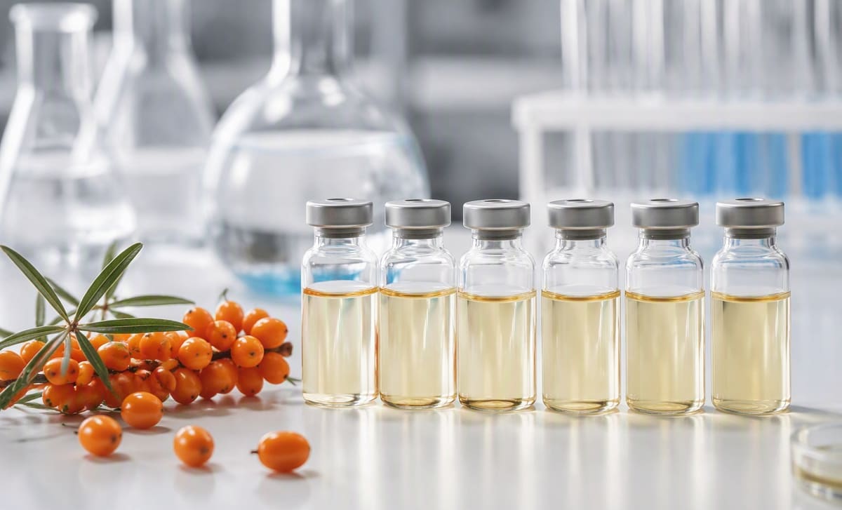 A row of small glass lab vials beside fresh sea buckthorn berries on a bright bench