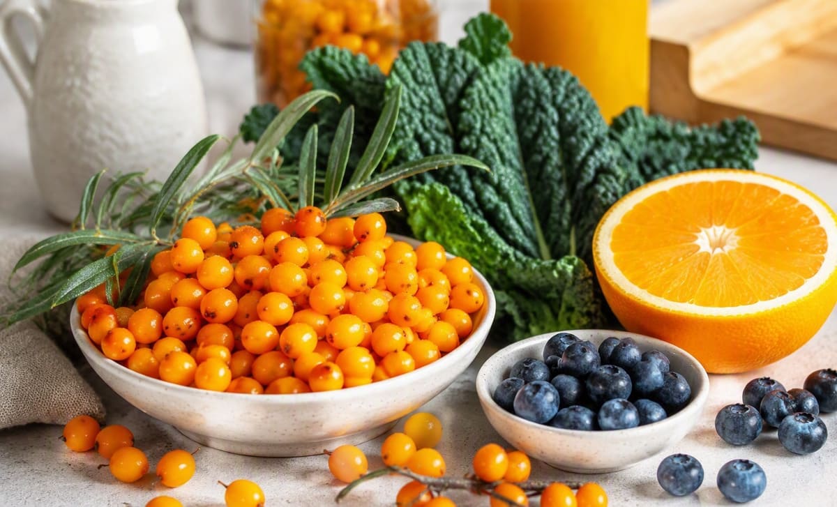 Fresh sea buckthorn berries with blueberries, leafy greens, and citrus on a kitchen counter