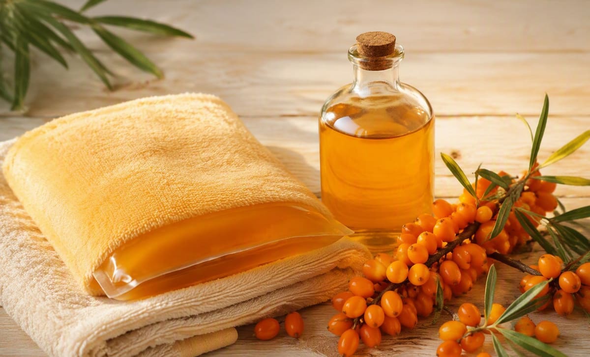 A warm folded compress cloth, a bottle of golden sea buckthorn oil, and fresh berries on a wooden table