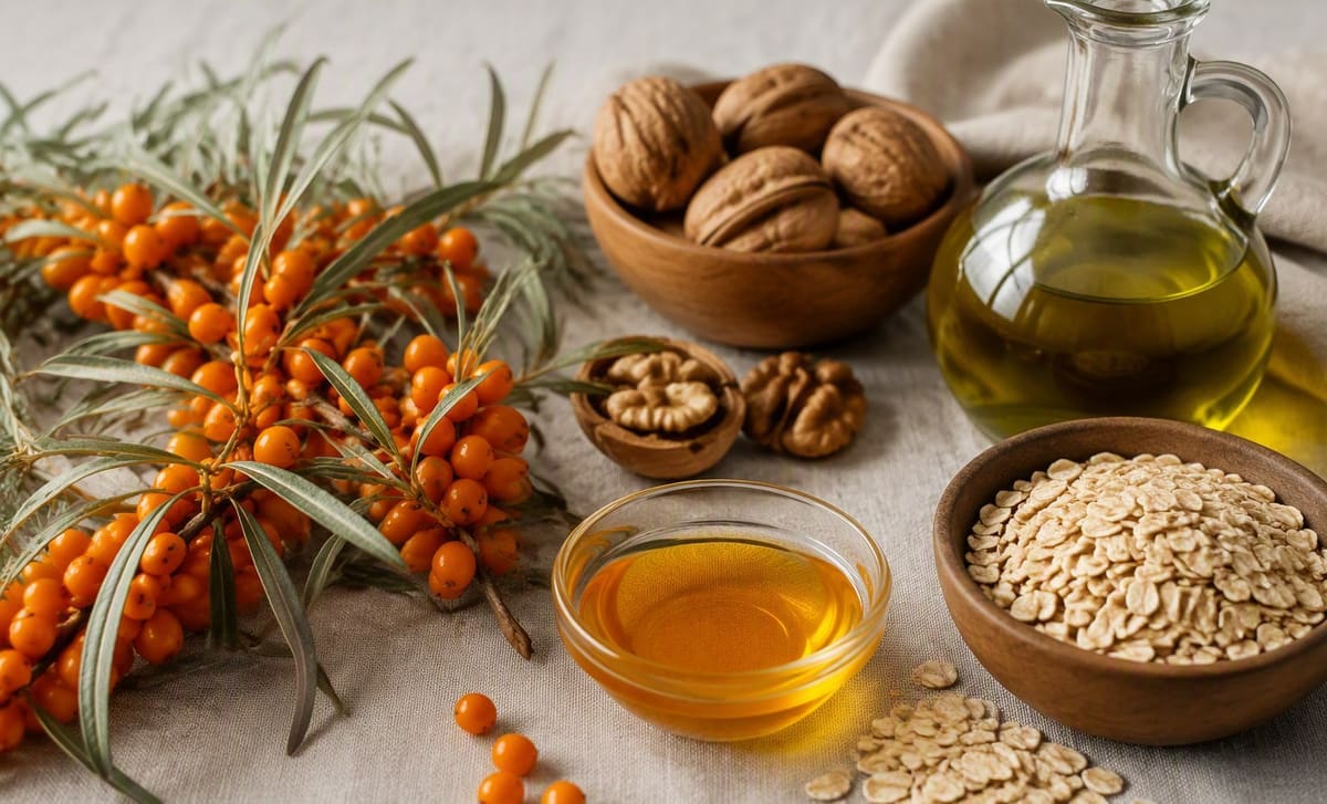 Sea buckthorn berries and oil with walnuts, oats, and olive oil on linen