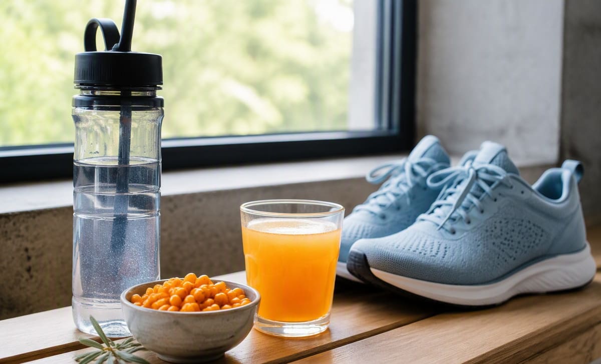 Running shoes, a water bottle, and sea buckthorn berries with diluted juice after a workout