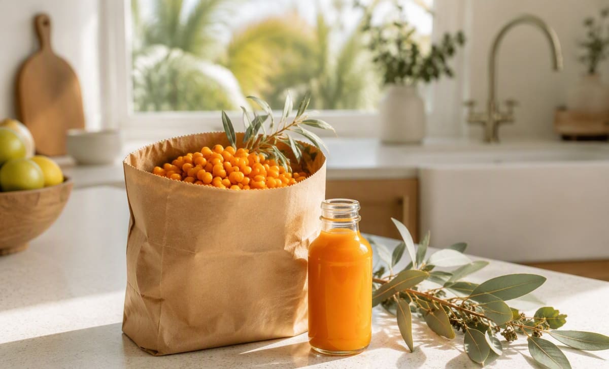 A paper bag of fresh sea buckthorn berries and berry juice on a bright kitchen bench