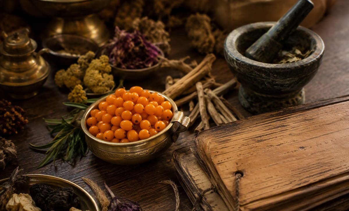 Sea buckthorn berries in a brass bowl with dried herbs, mortar, and an old manuscript