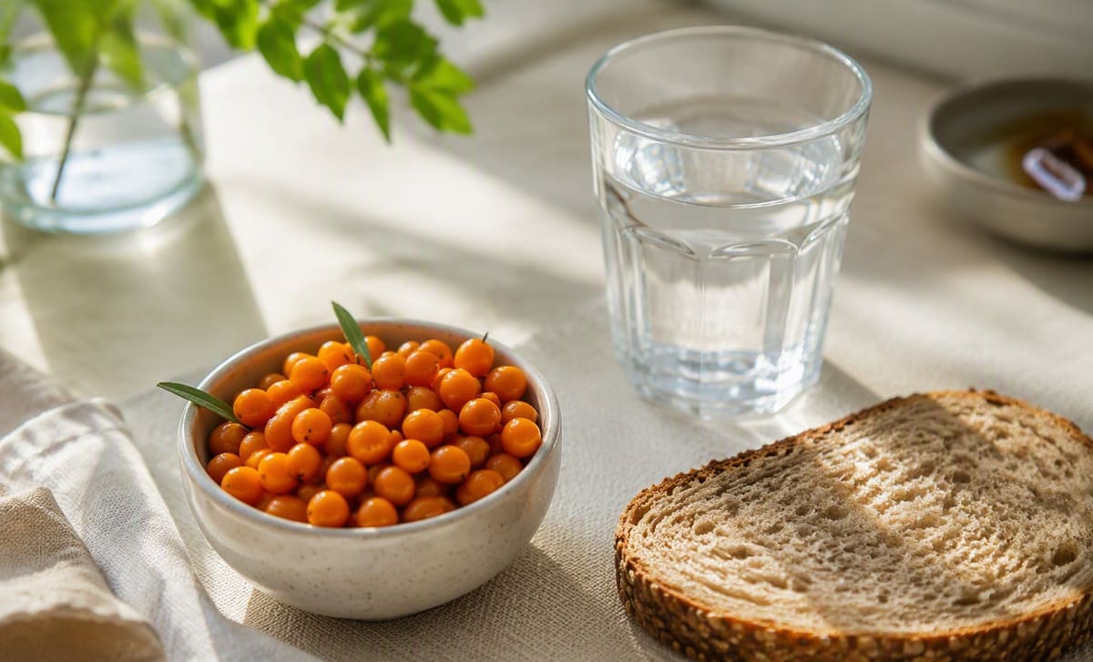 A bowl of sea buckthorn berries, a slice of wholegrain bread, and a glass of water on a breakfast table