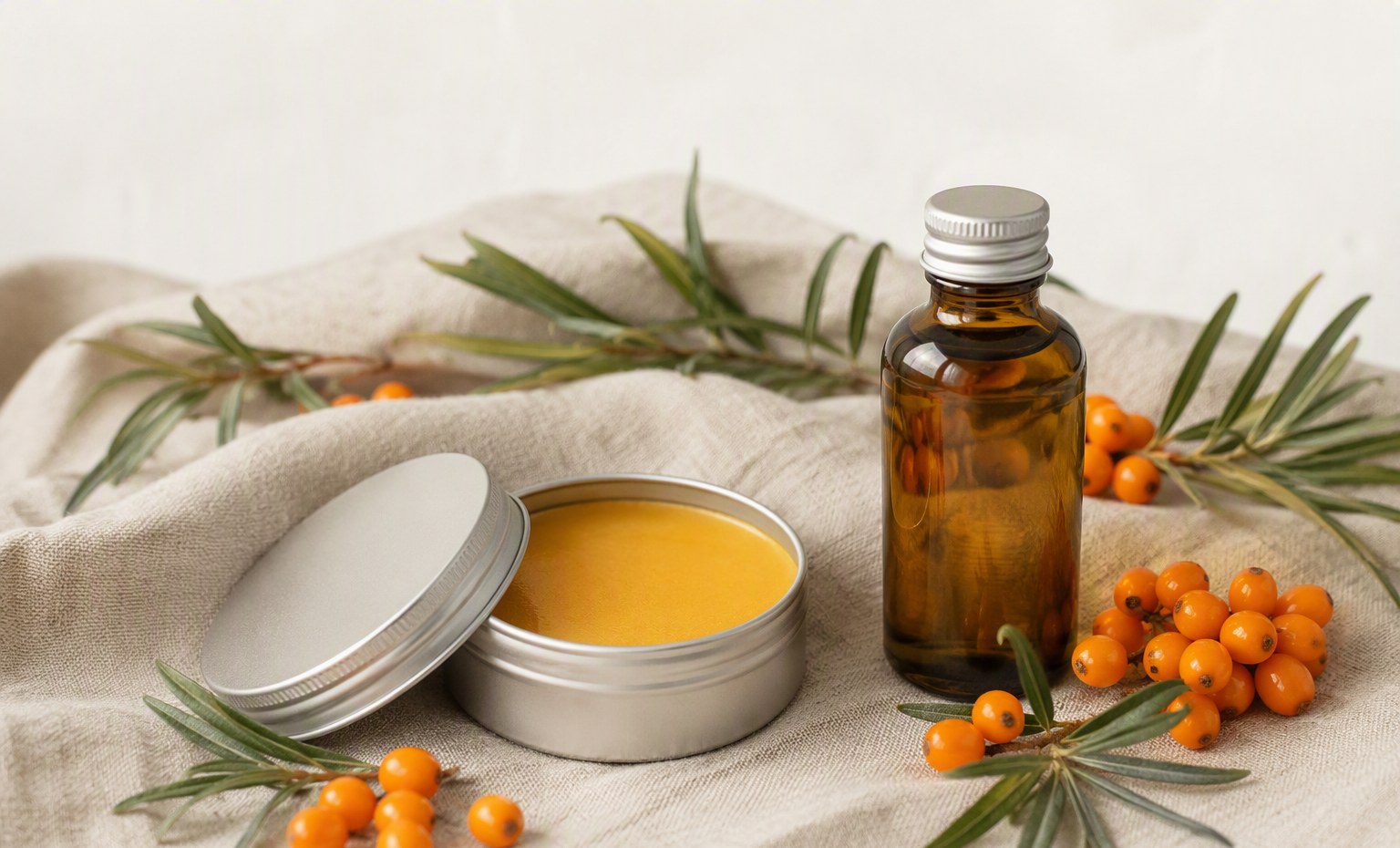 An open tin of orange sea buckthorn balm beside an amber bottle and fresh berries on linen