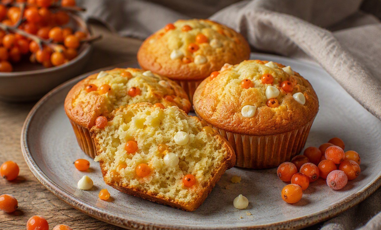Sea buckthorn muffins on a stoneware plate, one broken open with berries and white chocolate chips