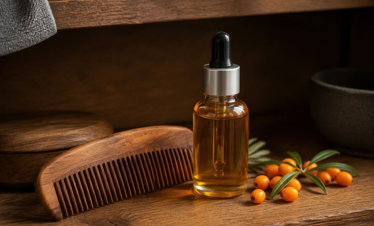 A wooden beard comb beside a small bottle of golden sea buckthorn oil on a wooden shelf