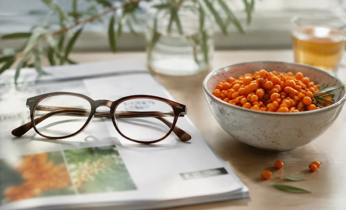 Reading glasses on a blurred booklet beside a bowl of sea buckthorn berries