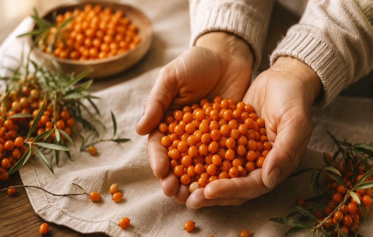 Hands cupping fresh orange sea buckthorn berries over a linen cloth