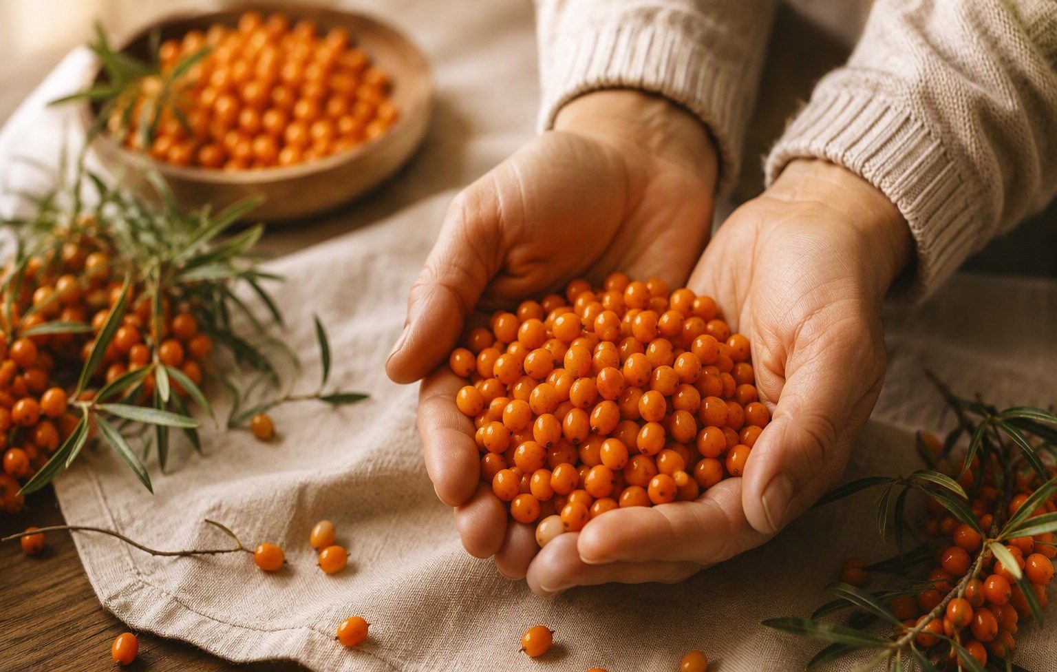 Hands cupping fresh orange sea buckthorn berries over a linen cloth