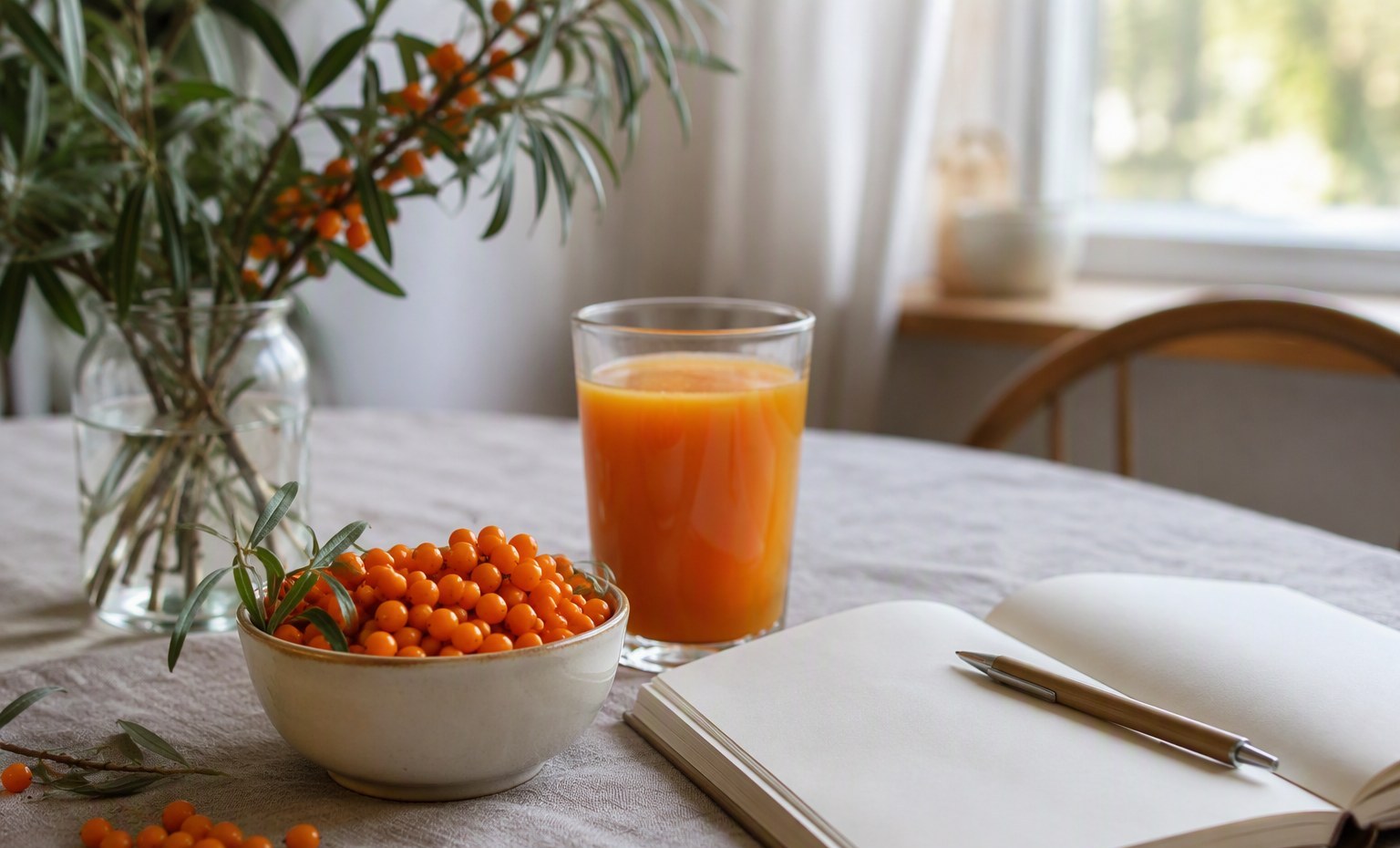 A bowl of fresh sea buckthorn berries, a glass of orange juice, and an open notebook on a linen-covered table
