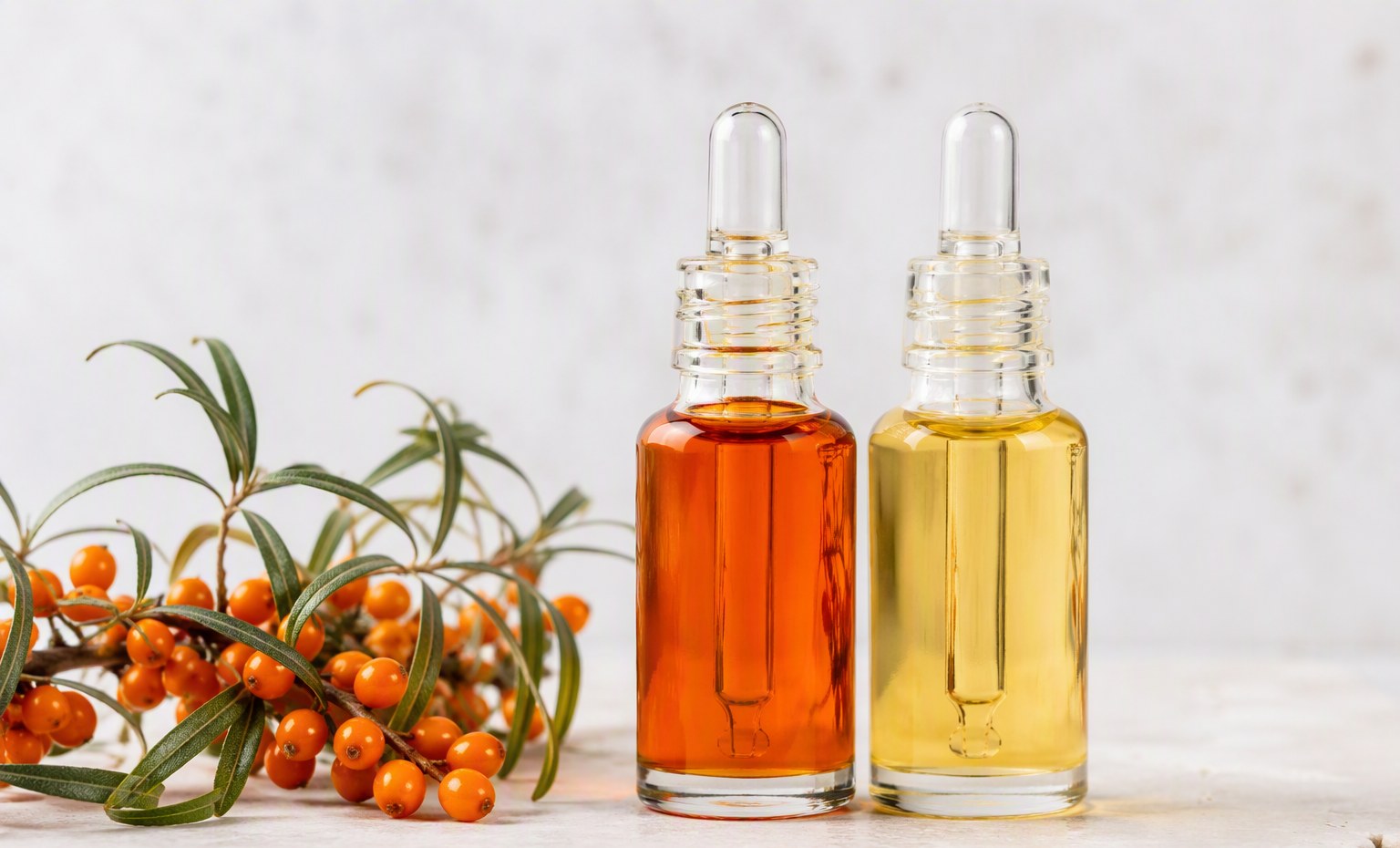 Two unbranded dropper bottles, one with deep orange berry oil and one with pale golden seed oil