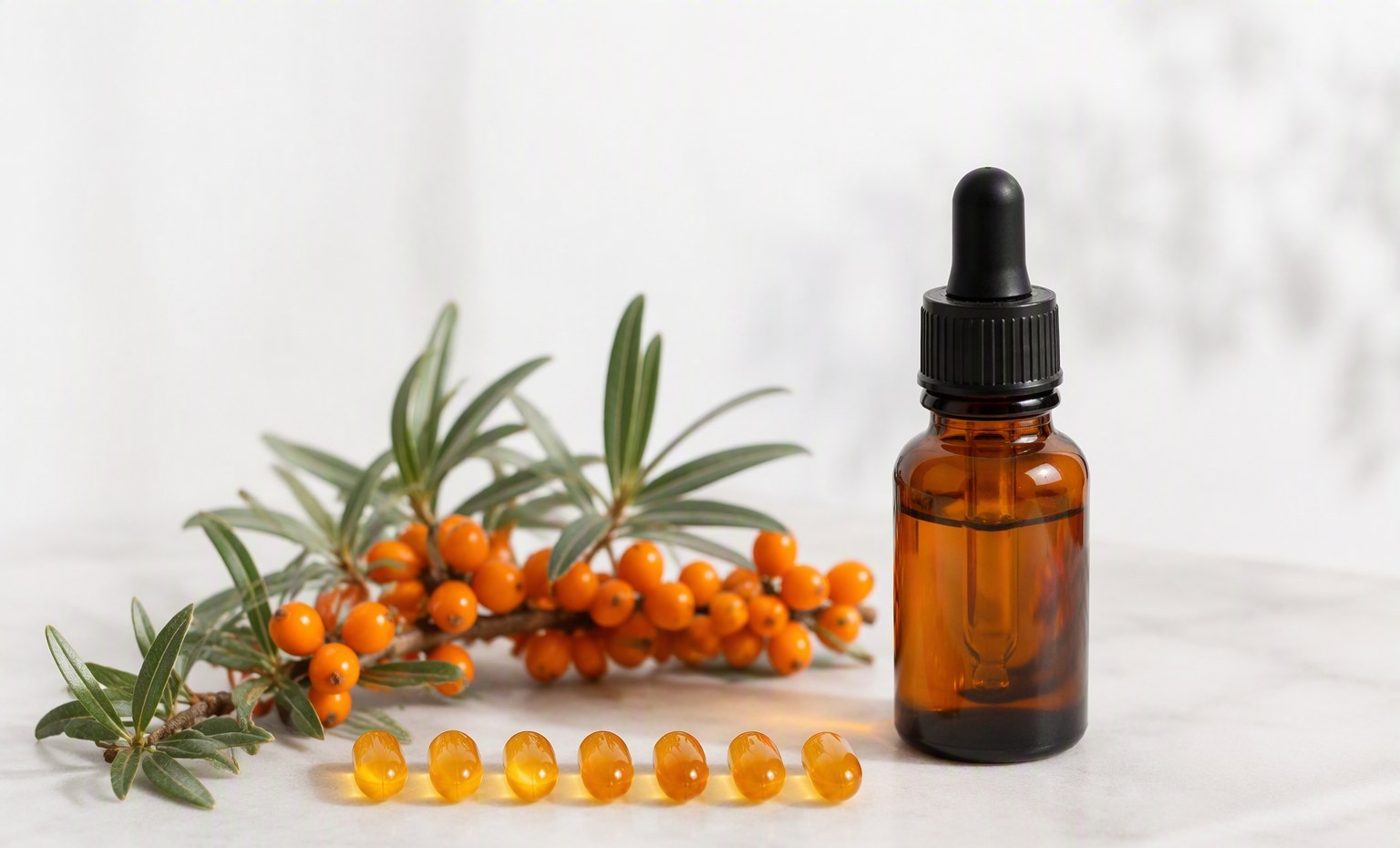 An amber sea buckthorn oil bottle beside a berry branch and a row of seven softgels
