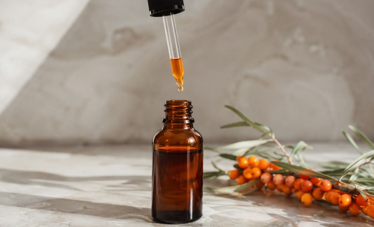 A dropper releasing a drop of orange sea buckthorn oil into an open amber bottle on pale stone