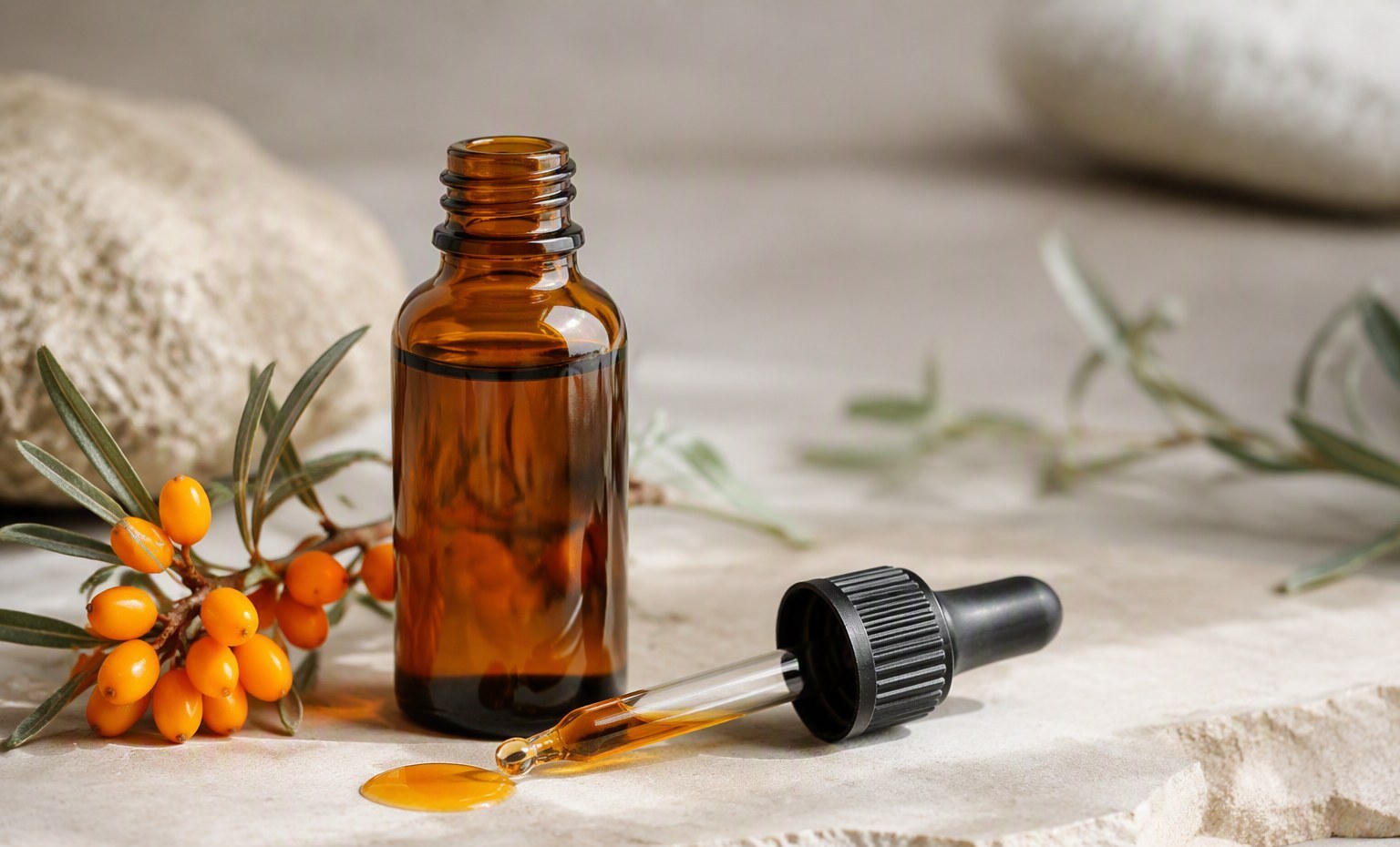 An amber dropper bottle of sea buckthorn face oil with a drop of orange oil on pale stone