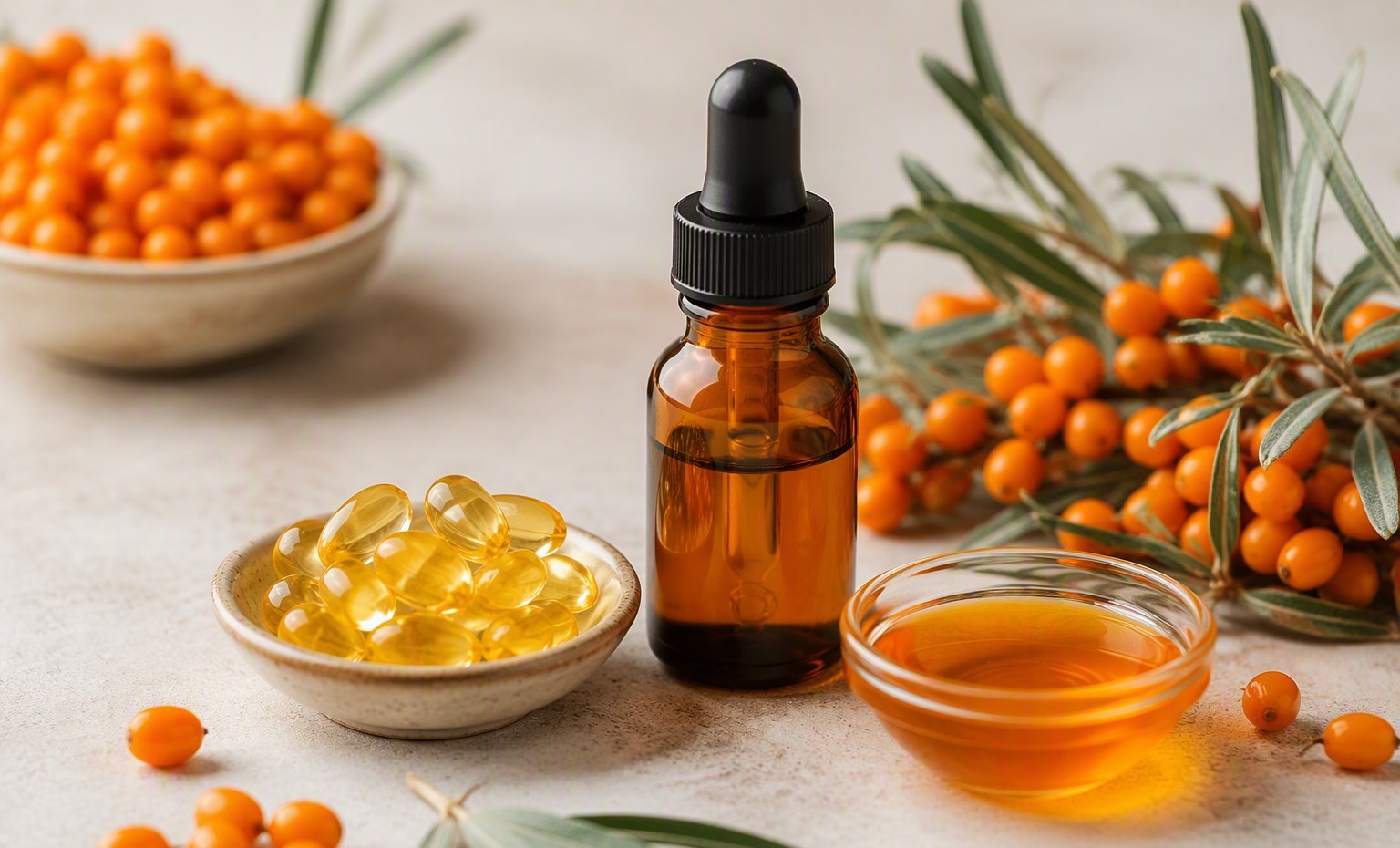 Sea buckthorn softgels and amber oil arranged for skin support with fresh orange berries