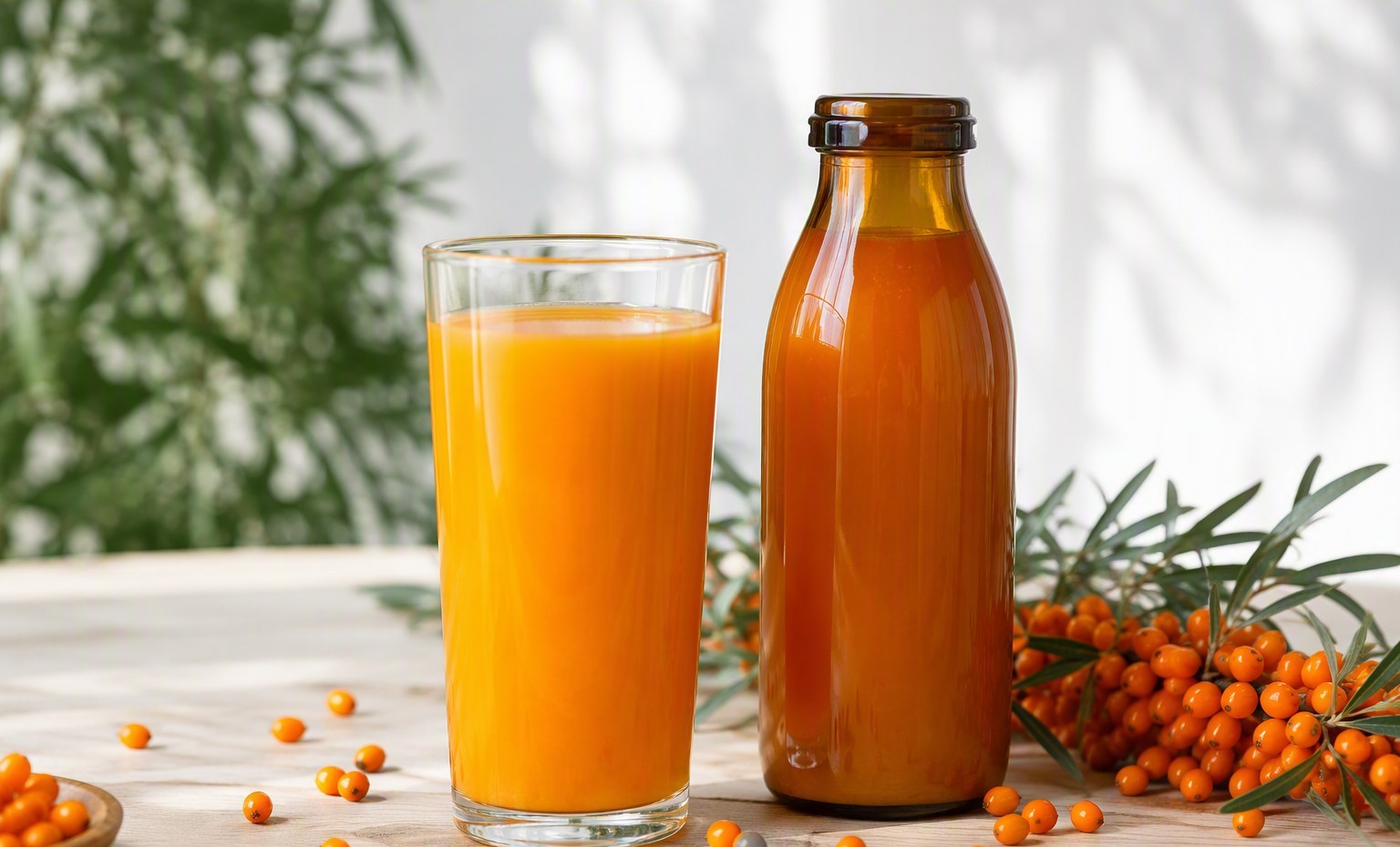 A glass of bright orange sea buckthorn juice beside a dark bottle and fresh berries