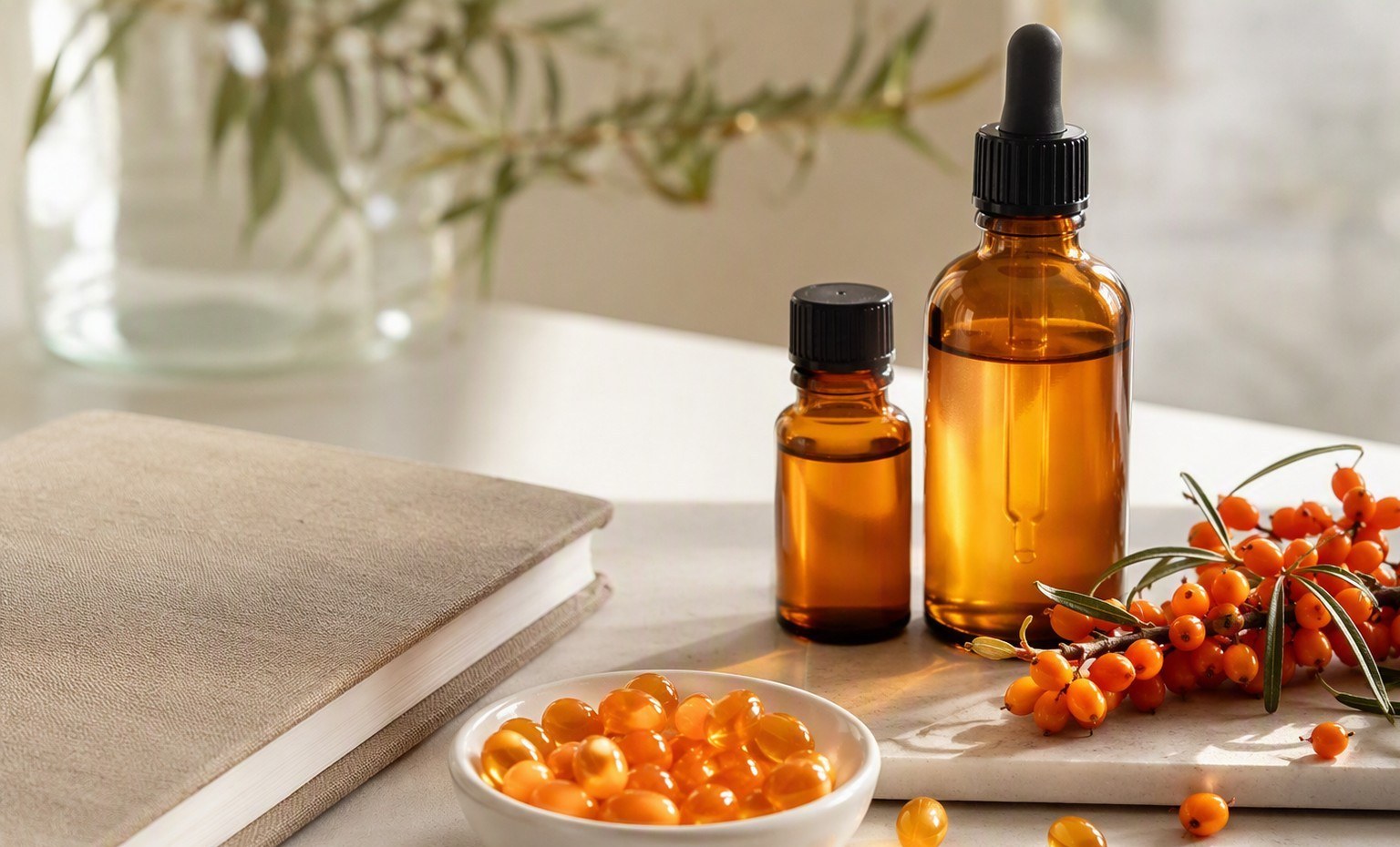Amber sea buckthorn oil bottles with softgel capsules in a dish and fresh orange berries