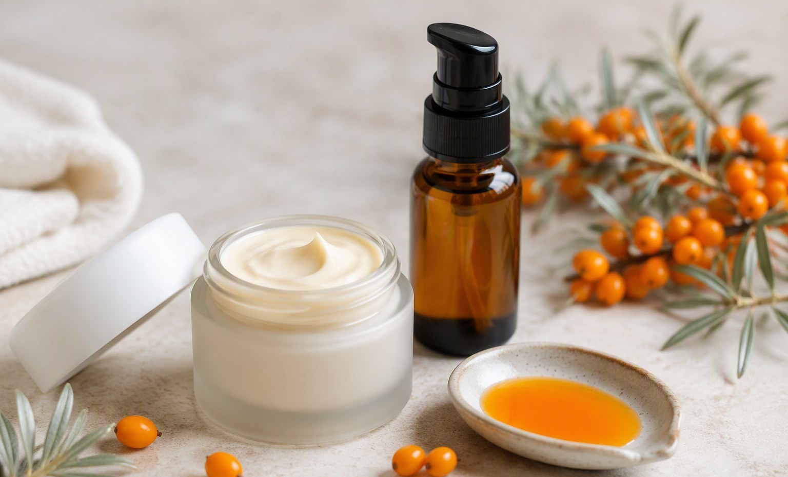 Sea buckthorn skincare arranged: a cream jar, serum bottle, orange oil dish, and fresh berries