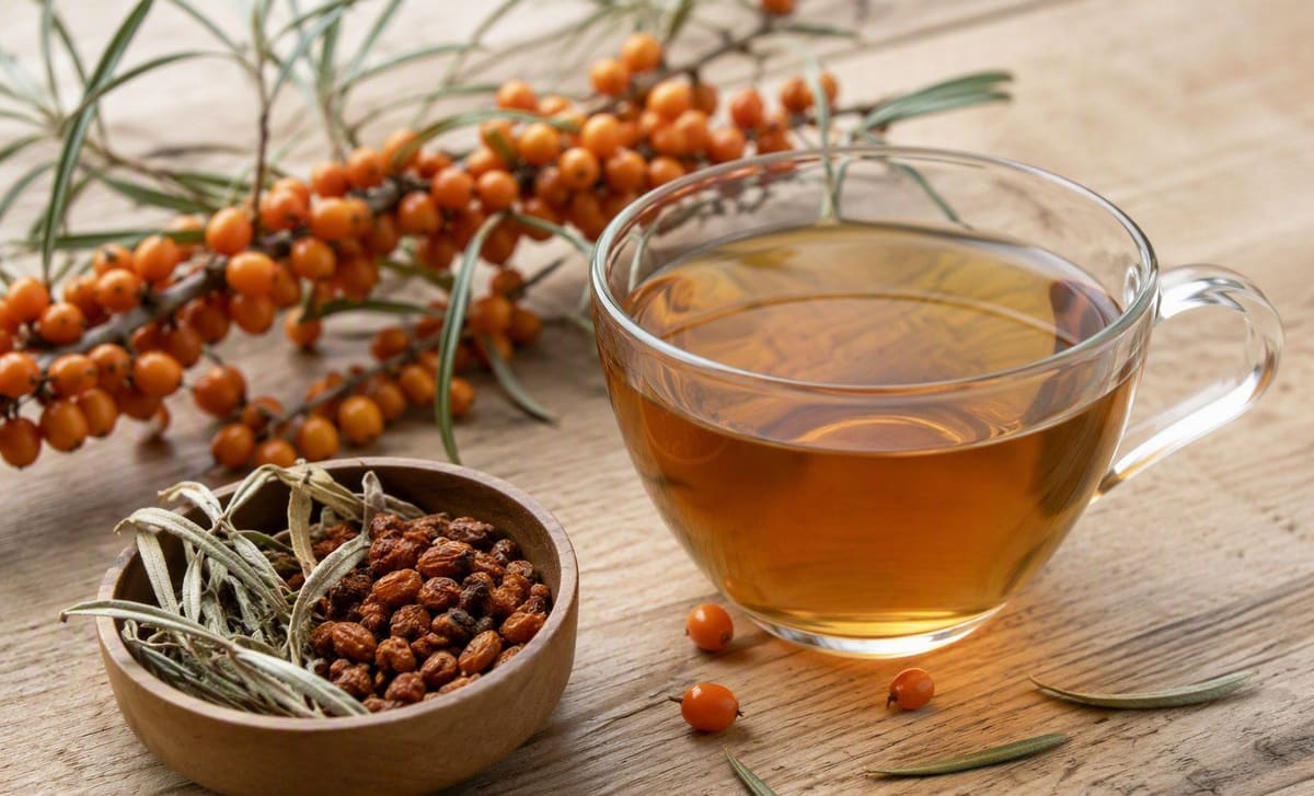 A glass cup of sea buckthorn tea with dried berries and a fresh berry branch beside