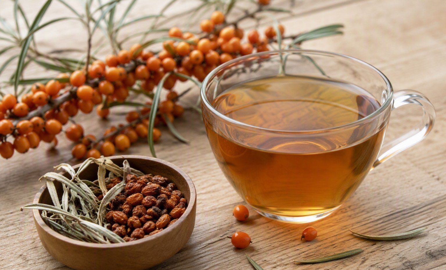 A glass cup of sea buckthorn tea with dried berries and a fresh berry branch beside