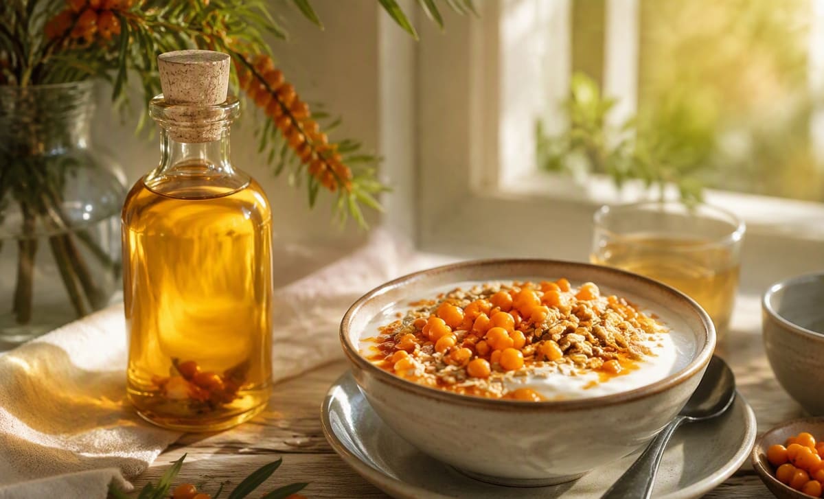 A bottle of golden sea buckthorn oil beside a breakfast bowl of yogurt topped with fresh berries on a sunlit table