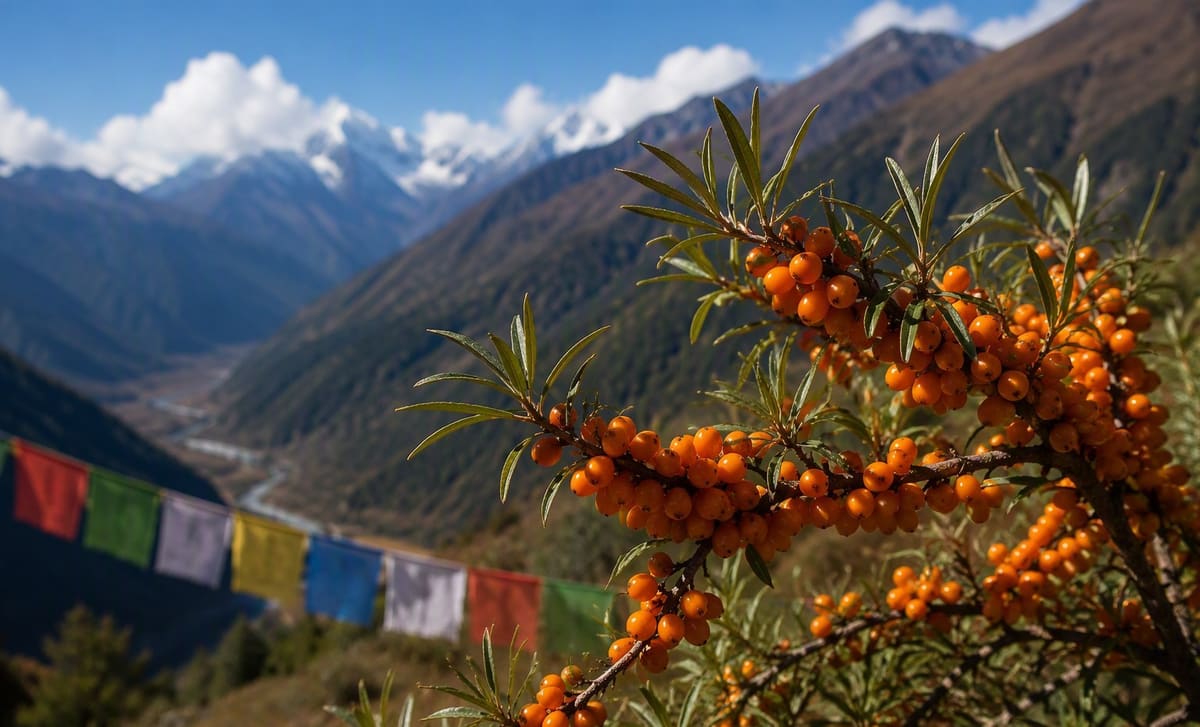 A wild sea buckthorn branch in a Bhutanese mountain valley with prayer flags behind