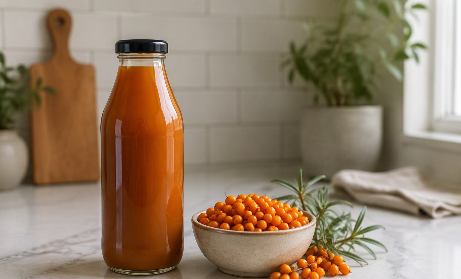 A dark glass bottle of sea buckthorn juice beside a bowl of fresh berries on a kitchen counter