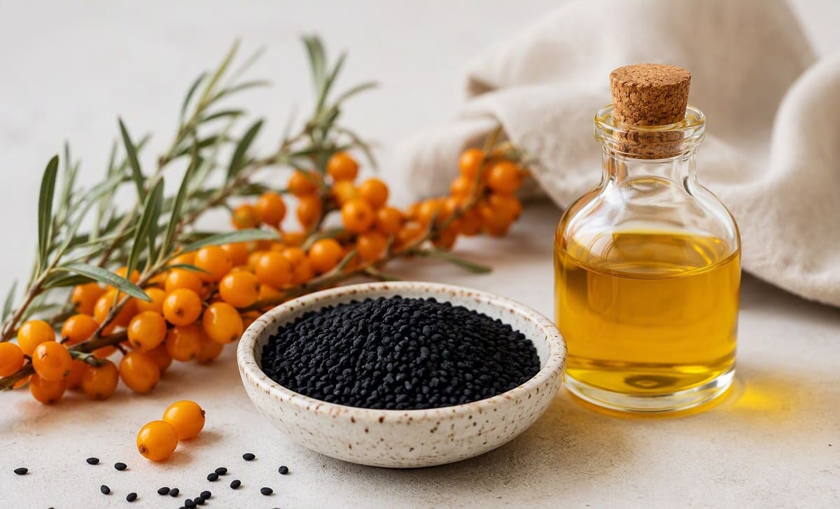 A bottle of golden sea buckthorn oil beside a dish of black nigella seeds and fresh berries
