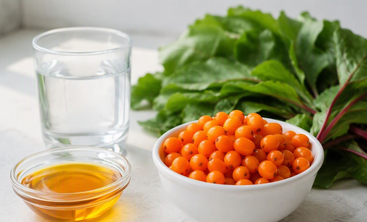 A bowl of sea buckthorn berries beside leafy greens, water, and a dish of oil