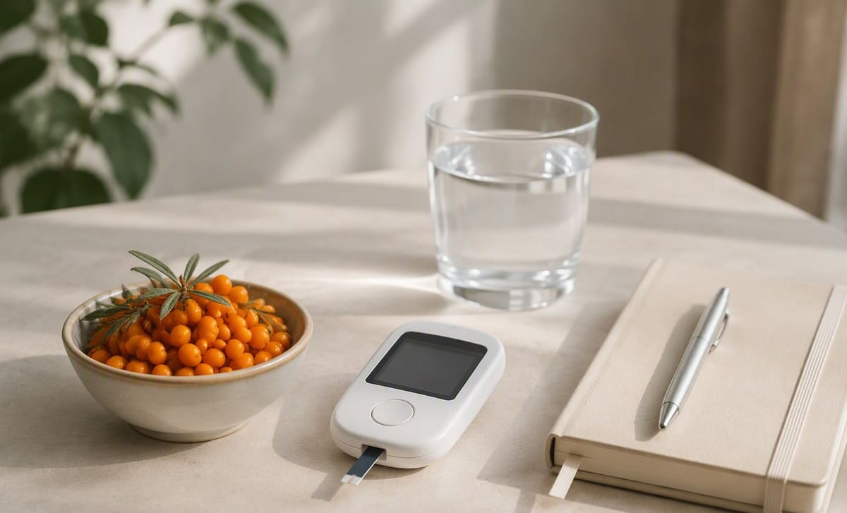 A bowl of sea buckthorn berries beside a glucose meter and a notebook