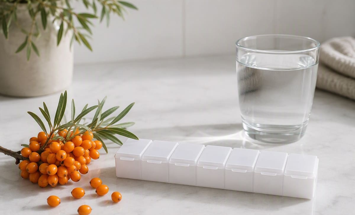 Sea buckthorn berries beside a weekly pill organizer and a glass of water