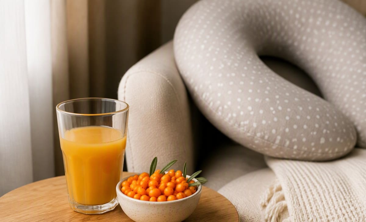 A glass of diluted sea buckthorn juice and fresh berries beside a nursing pillow