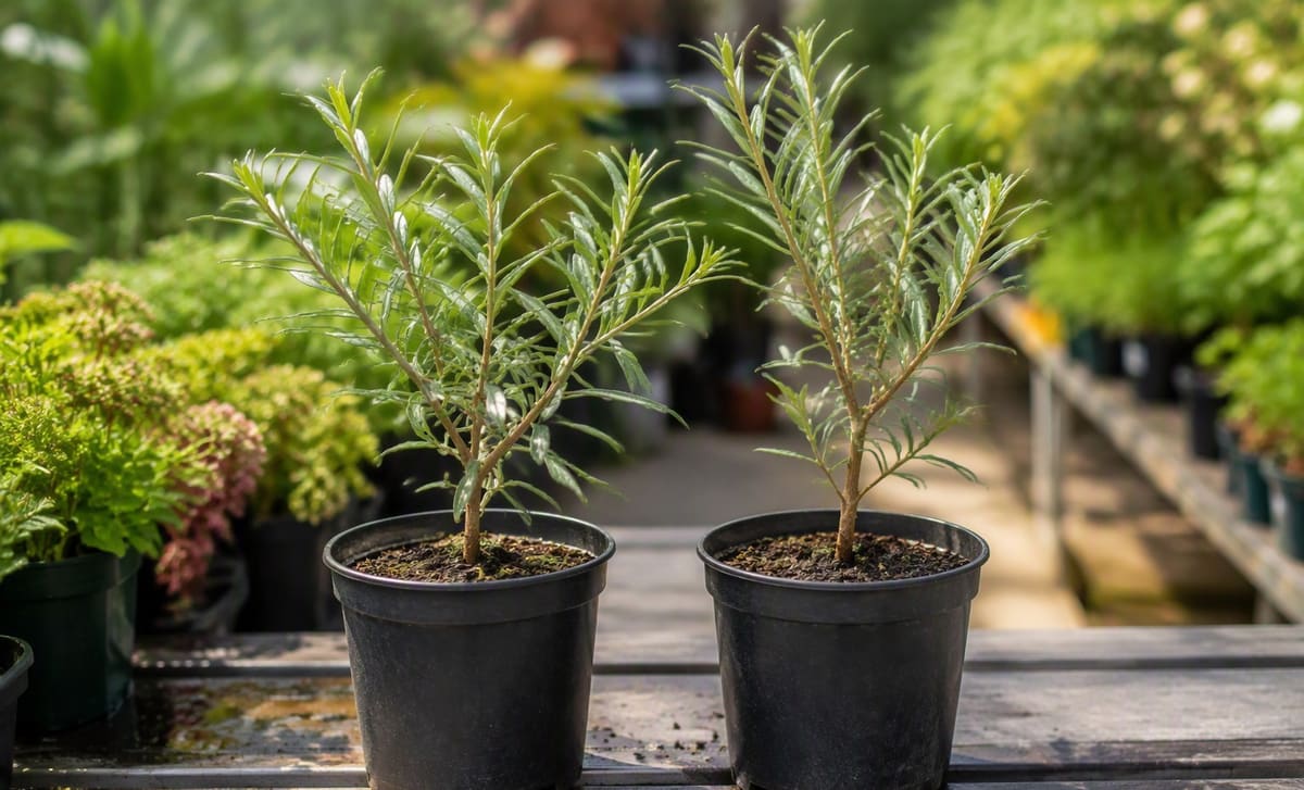 Two young potted sea buckthorn saplings in plain nursery pots on a potting bench