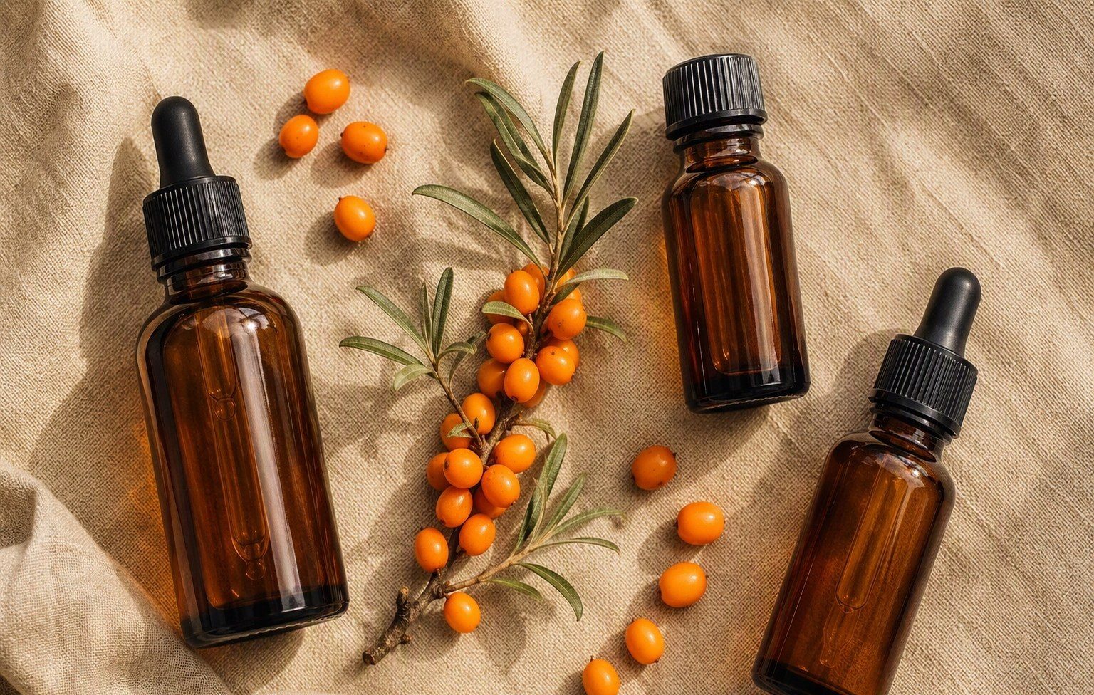 Amber sea buckthorn oil bottles and fresh berries on linen, pictured for the fish oil comparison