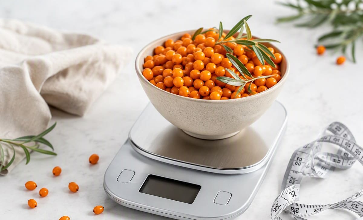 A kitchen scale holding a bowl of sea buckthorn berries with a measuring tape beside it