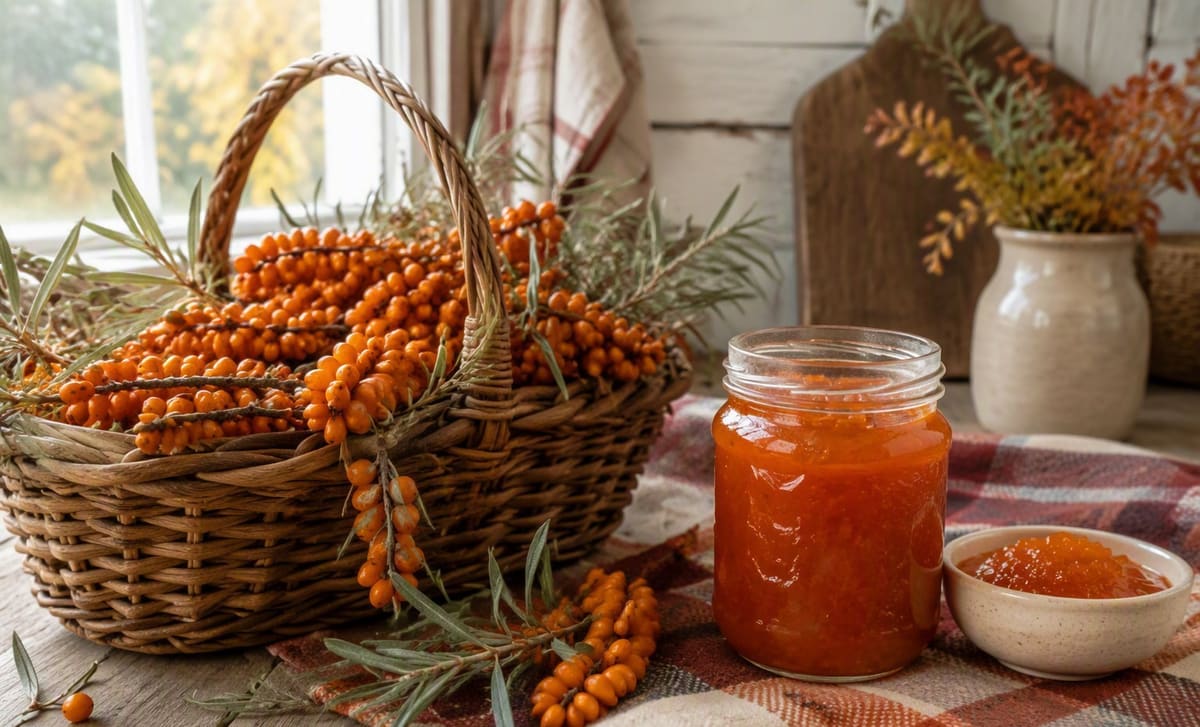 A basket of Canadian sea buckthorn berries with a jar of berry jam on a farmhouse table