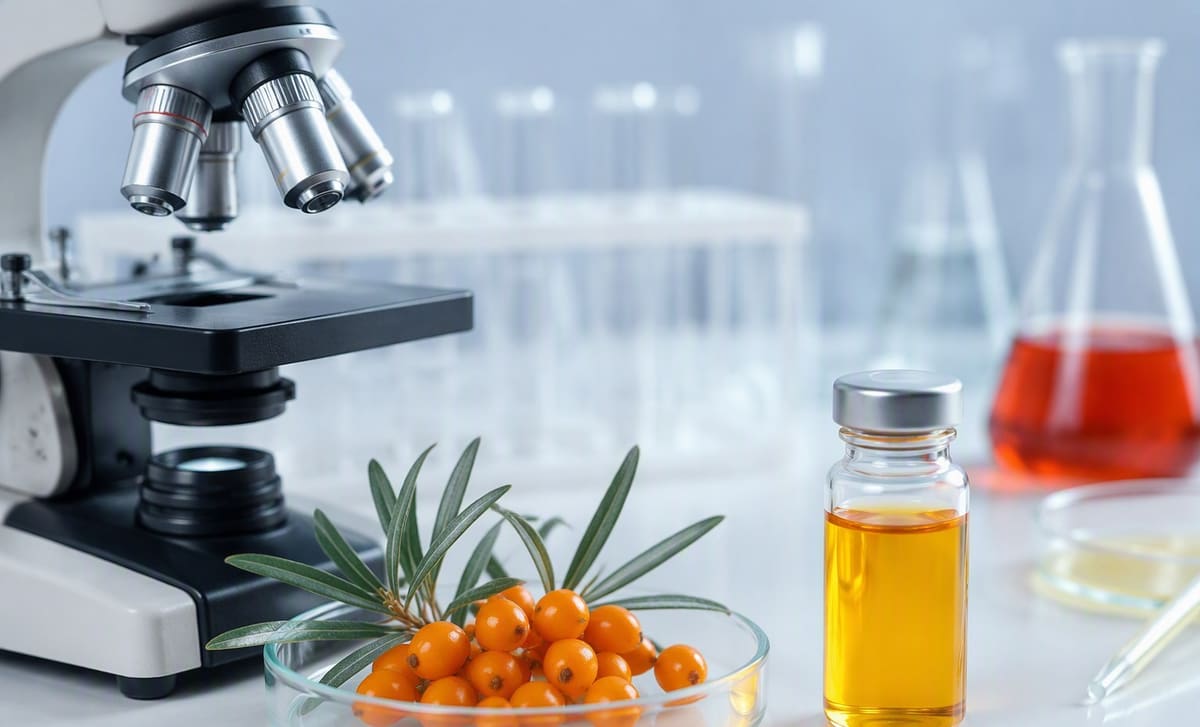 A microscope beside a petri dish of sea buckthorn berries and a vial of golden oil on a lab bench