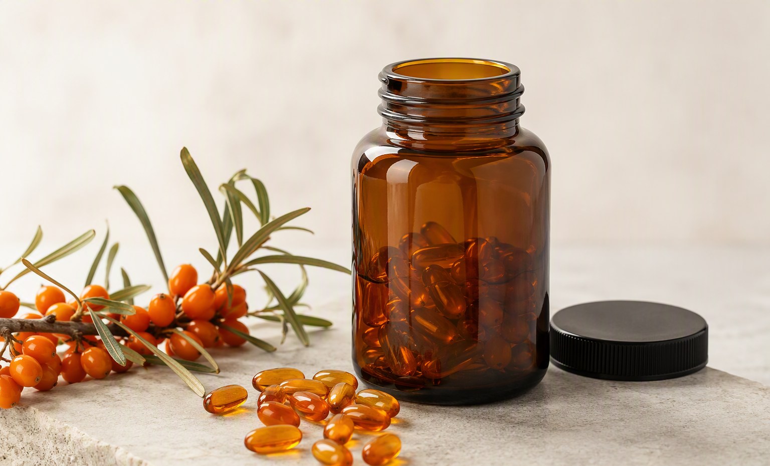 An amber glass jar of orange sea buckthorn softgel capsules with fresh berries on a branch