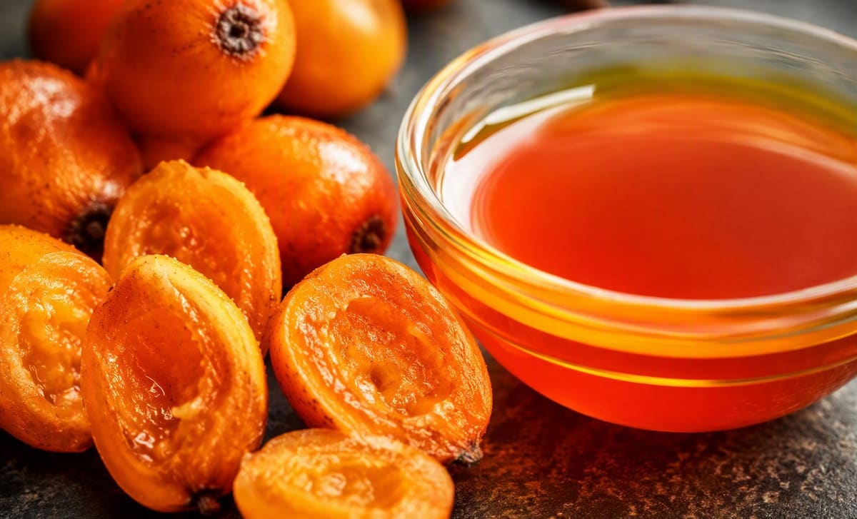 Sea buckthorn berries cut open showing deep orange flesh beside a dish of orange oil