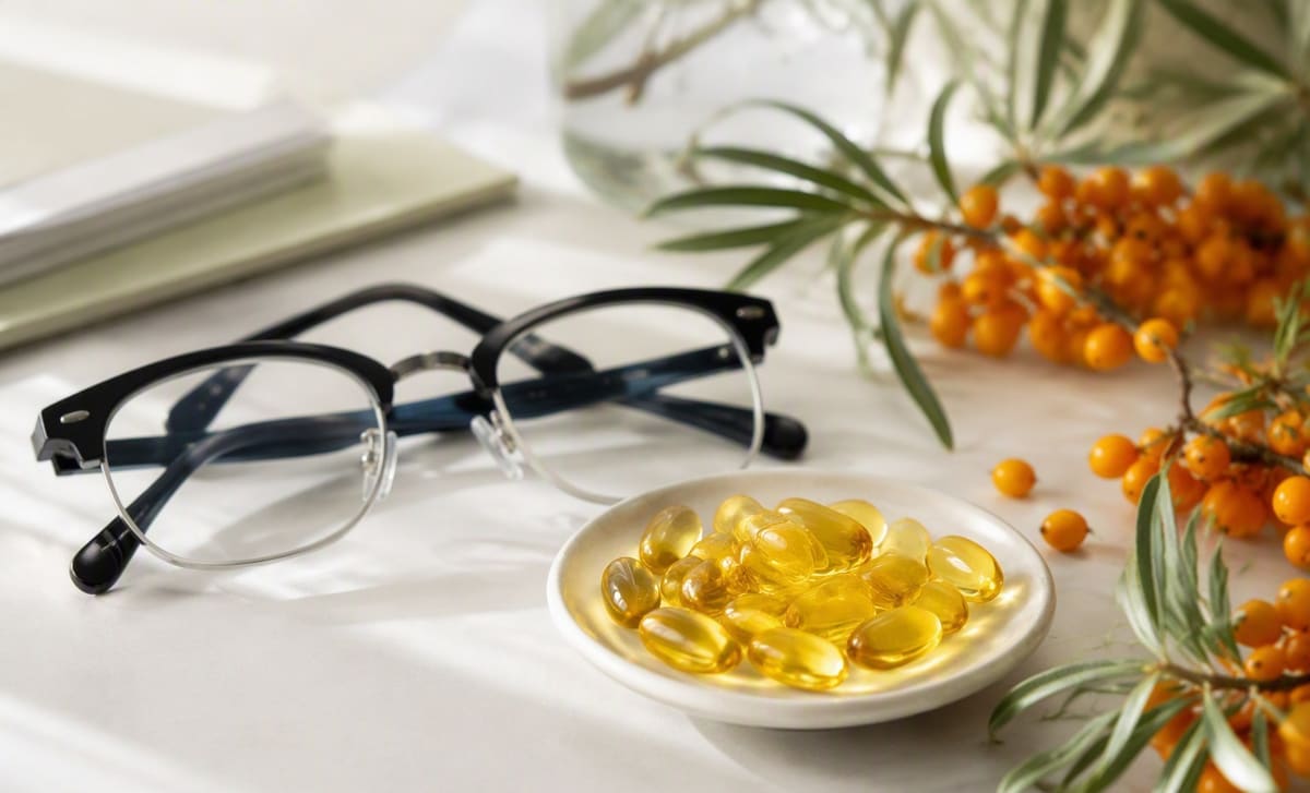Reading glasses beside a dish of sea buckthorn oil capsules and fresh berries on a bright desk
