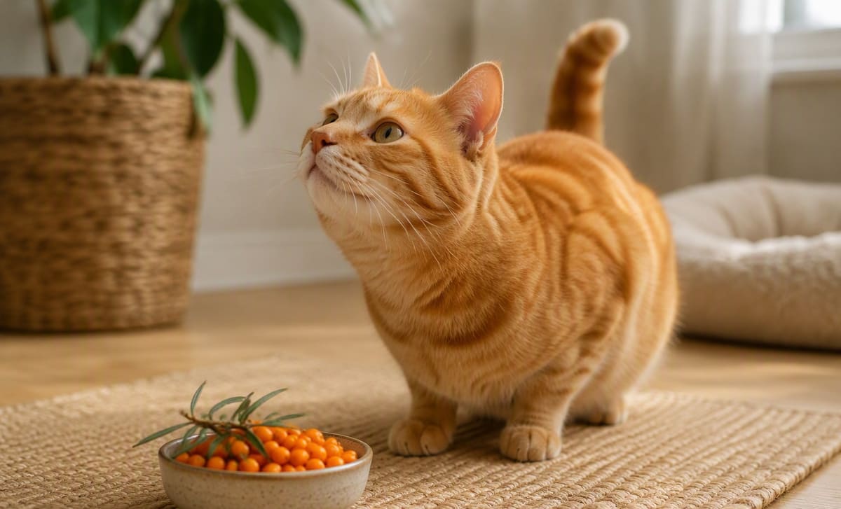 A ginger cat sniffing the air near a small bowl of sea buckthorn berries