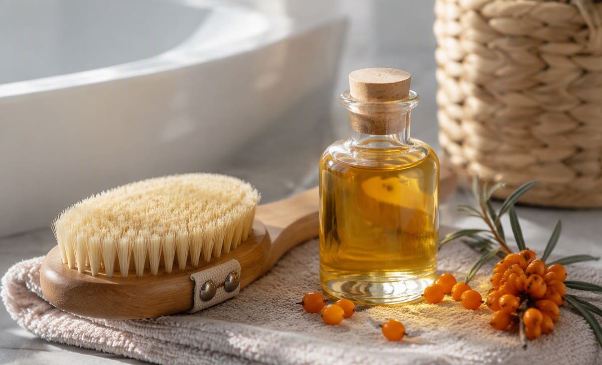 A wooden dry body brush and a bottle of pale golden sea buckthorn oil on a folded towel