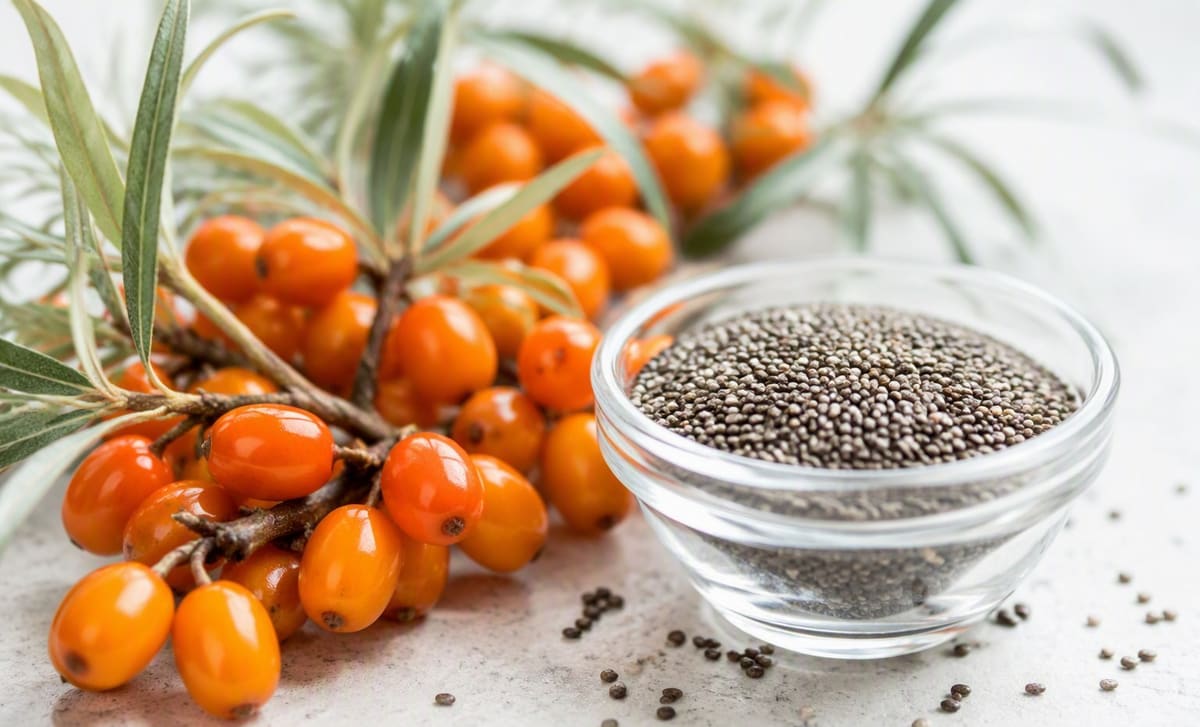 Fresh sea buckthorn berries beside a glass bowl of chia seeds on a bright counter